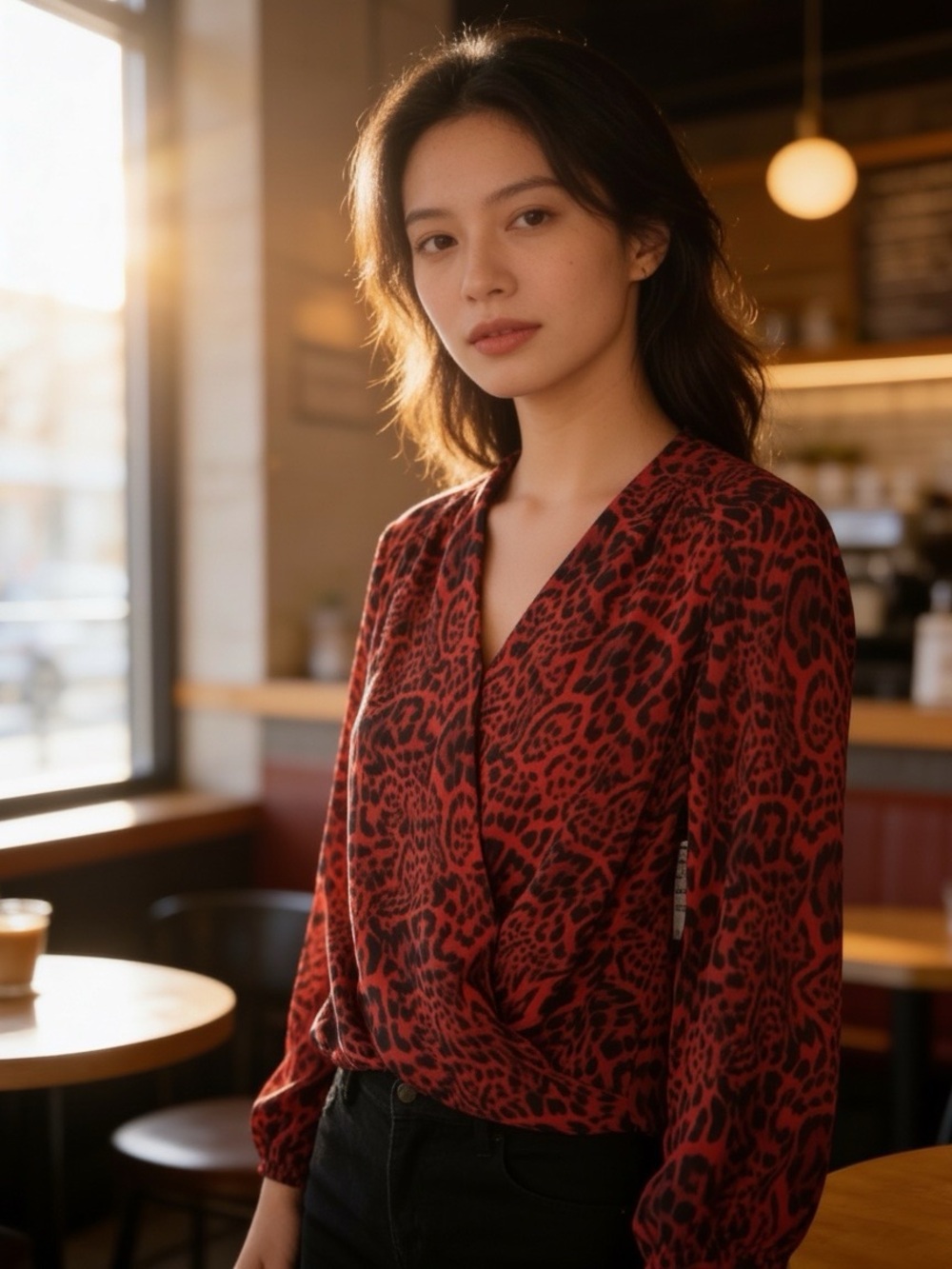 Red Leopard Print wrap Blouse - Women's Top